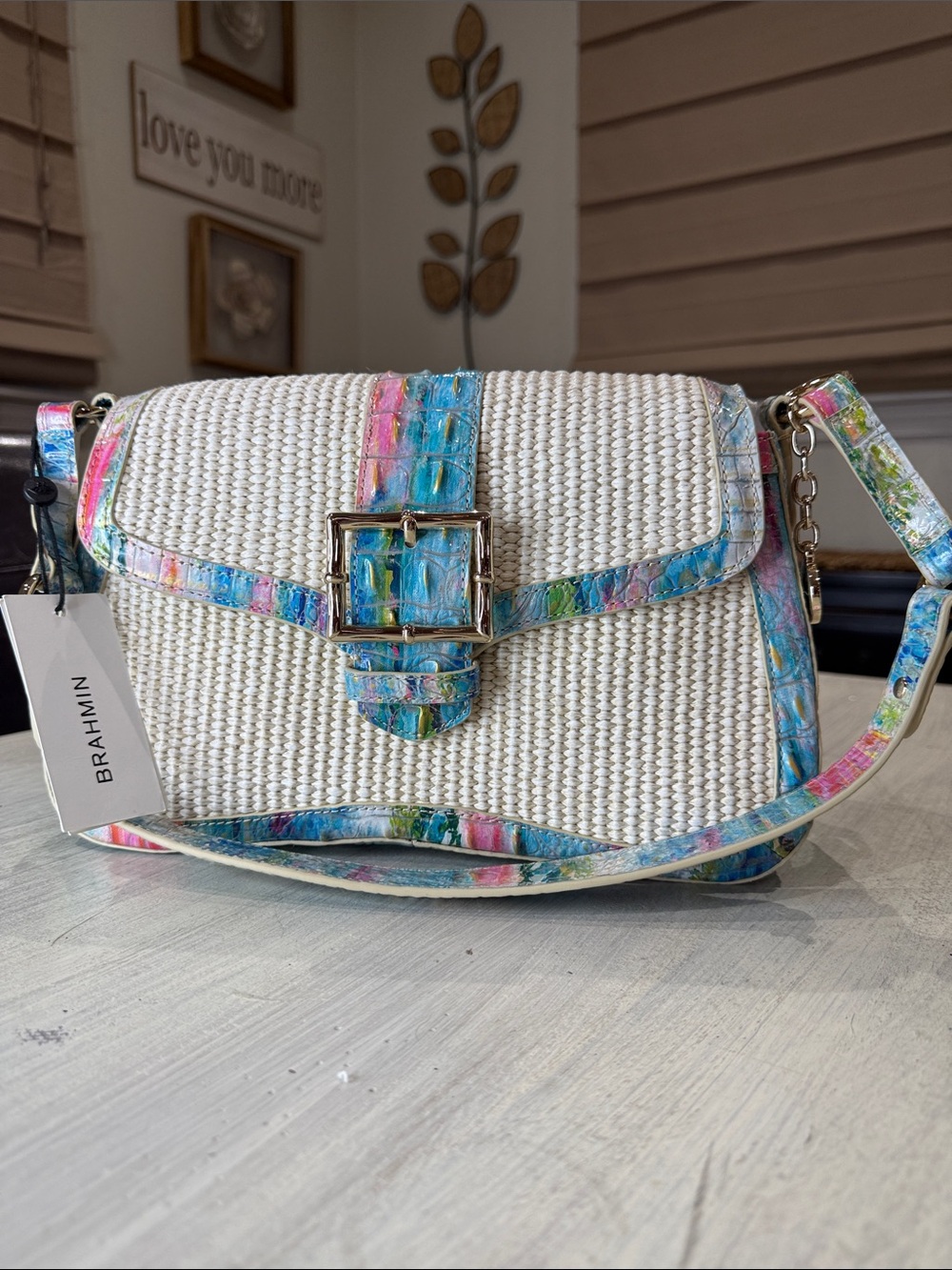Brahmin Nerida Staycation Grandveiw Woven Shoulder Bag with Multicolor Trim